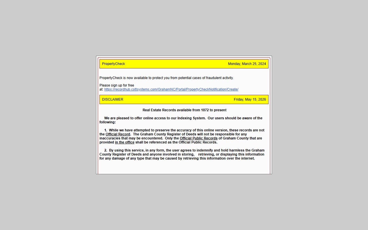 Graham County Register of Deeds indexed search