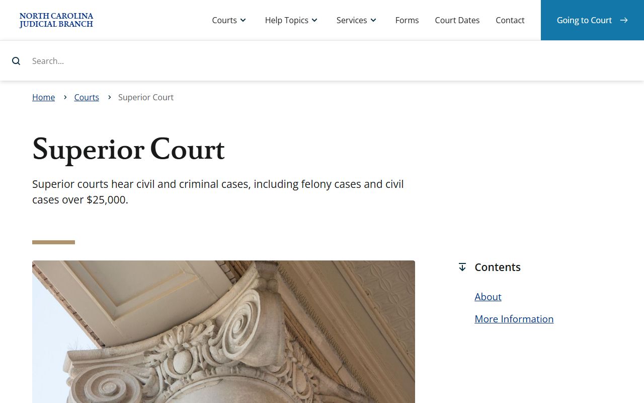 North Carolina Superior Court page describing felony and major civil jurisdiction