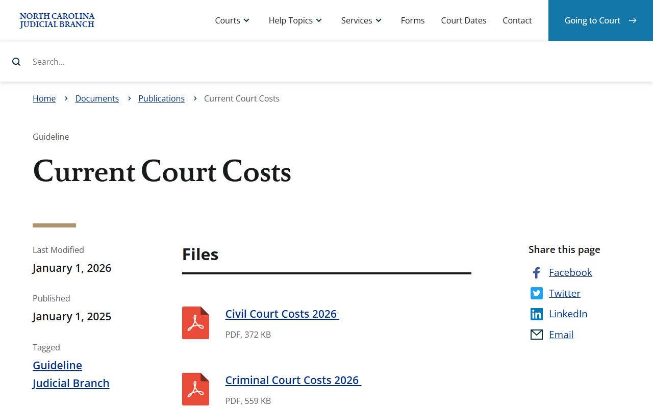 North Carolina current court costs page for divorce and copy fee research