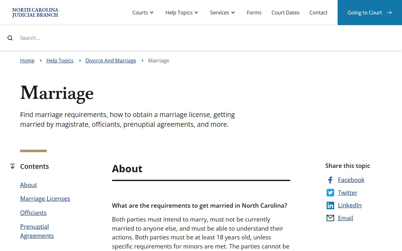 North Carolina marriage help topic for license rules