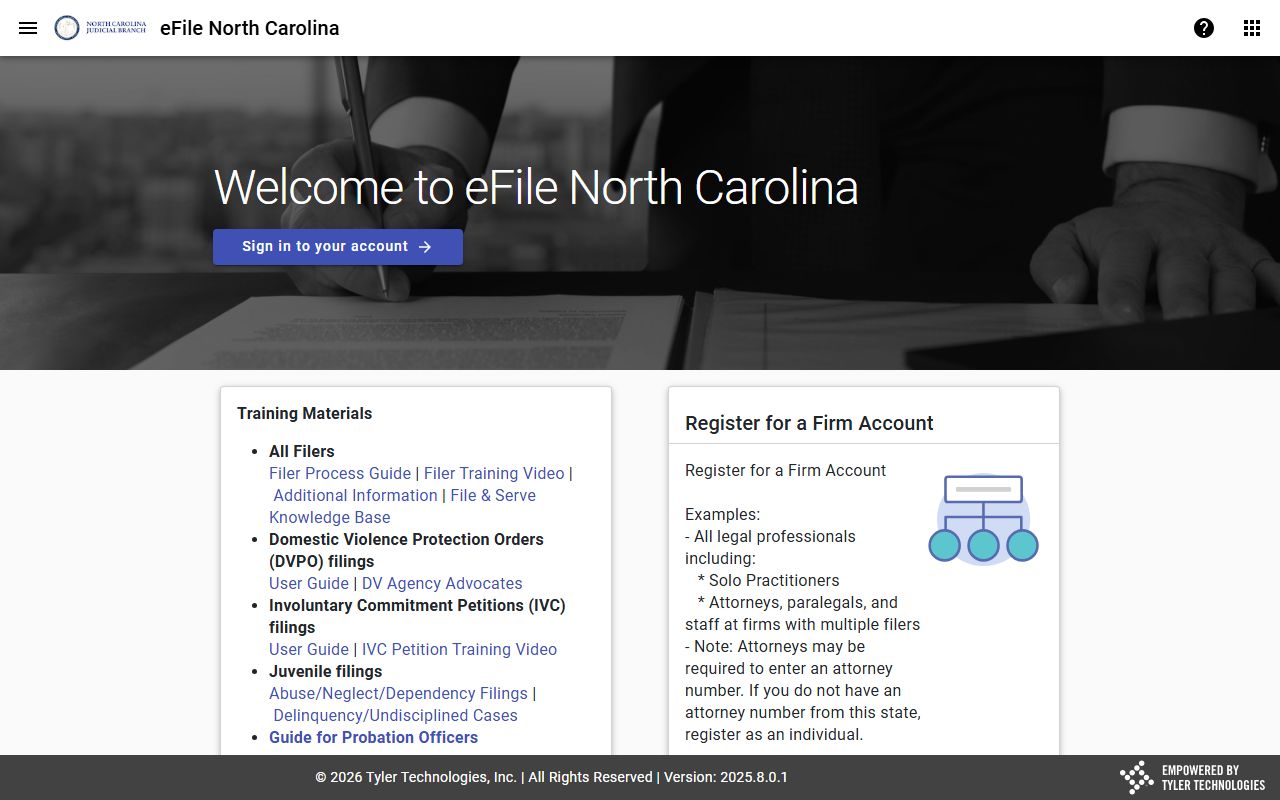 eFile NC File and Serve landing page for court filing access