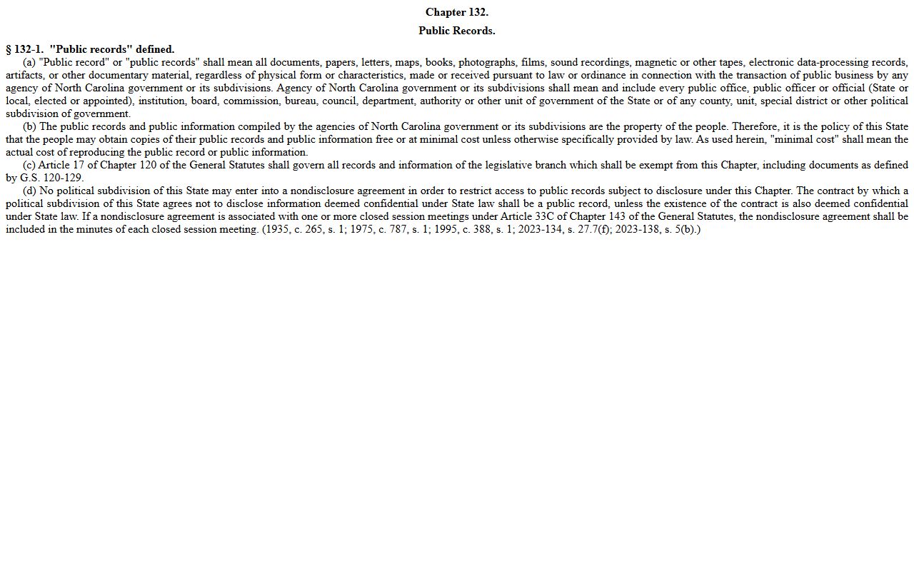 North Carolina public records statute page relevant to marriage and divorce access limits