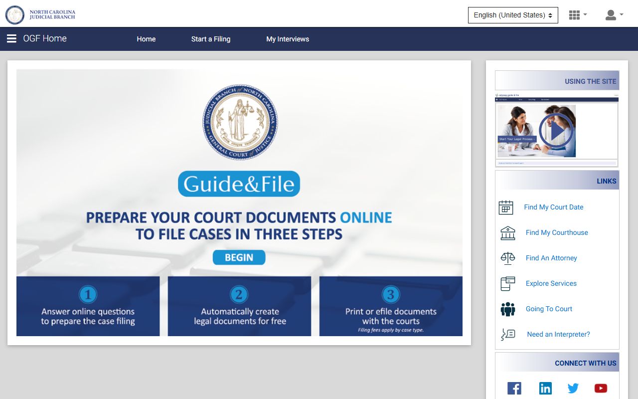 North Carolina Guide and File portal for preparing court forms