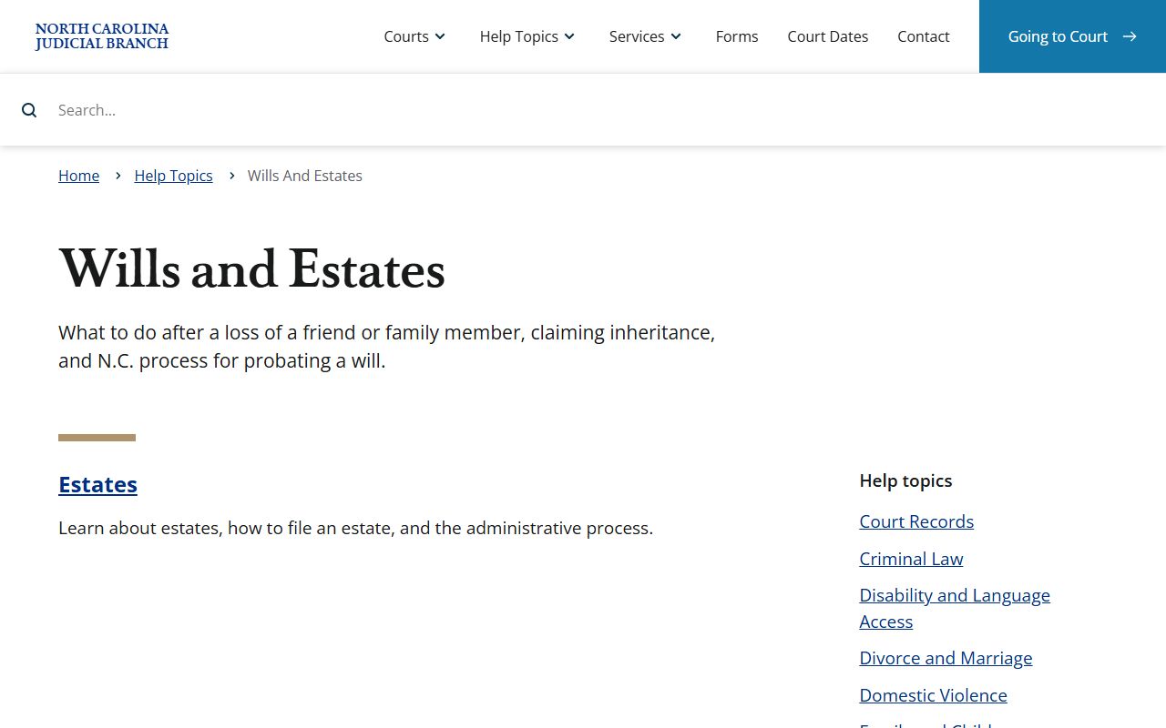 North Carolina wills and estates help topic for probate records